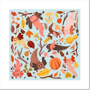 Cute Autumn Leaves Axolotl Pattern Posters and Art